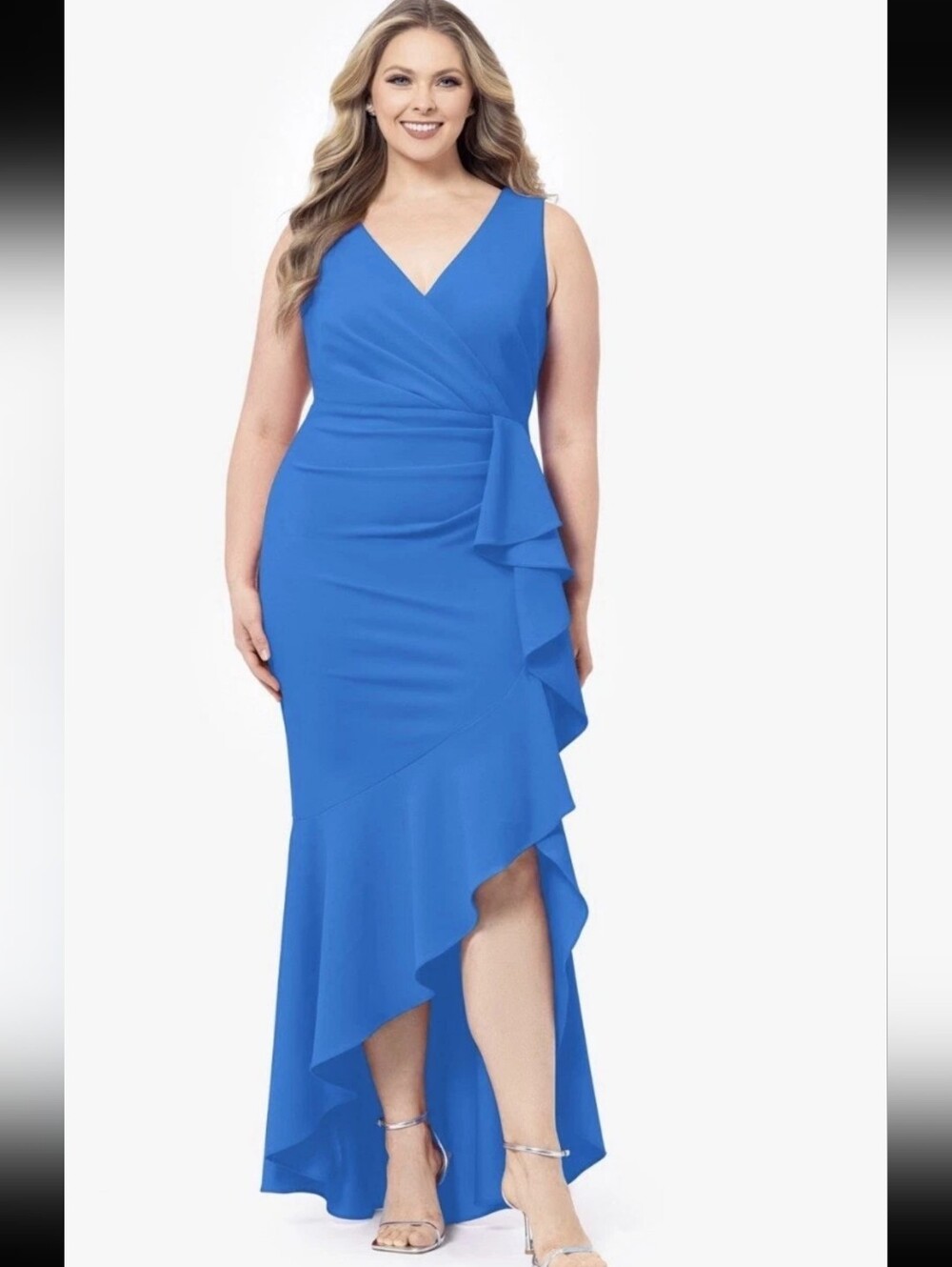 Betsy & Adam NWT 18W Blue Ruffle Maxi Gown Wrap Formal Wedding Guest Dress